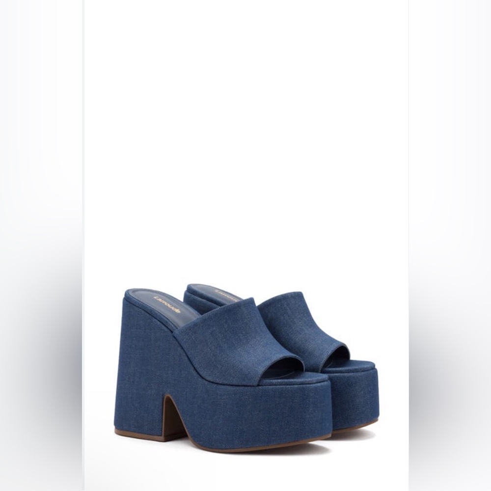 LARROUDE Women's Wanda Slip On
Platform Denim Slides In Blue Platform Sandals - Picture 1 of 16